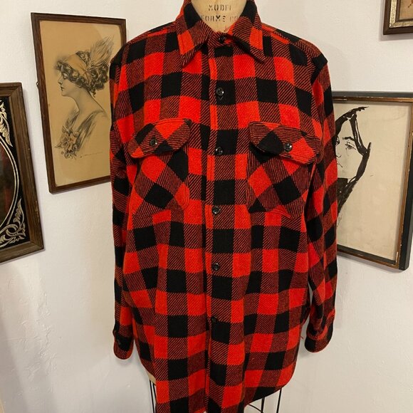 Vintage 1950s/60 Duxback Kamp It Wool Buffalo Check Plaid Red Shirt Jacket - Picture 2 of 16